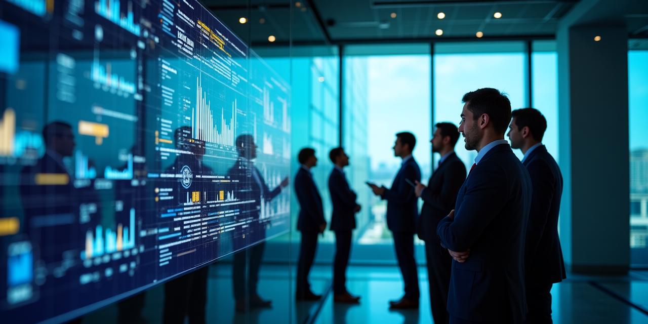 Team of business professionals reviewing data visualizations on a large screen
